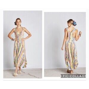 Z & L Europe Brand rainbow boho prairie distressed frayed maxi dress size S